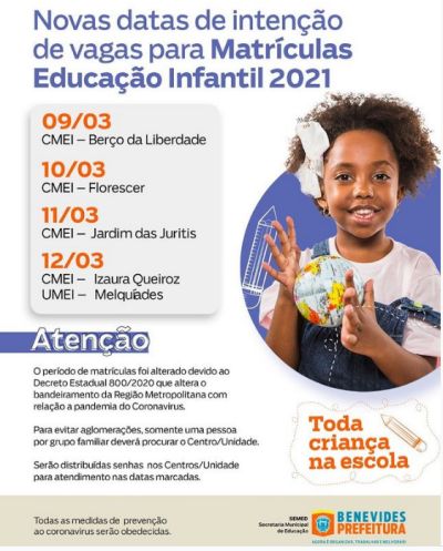 notícia: Novas datas de intenção de vagas para Matrículas Educação Infantil 2021